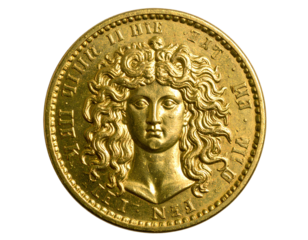 Medusa heMedusa head engraved gold coin isolatedad engraved gold coin isolated on a transparent background.