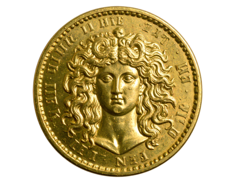 Medusa heMedusa head engraved gold coin isolatedad engraved gold coin isolated on a transparent background.