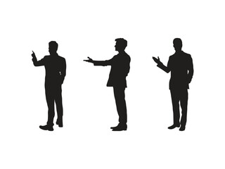 Three businessmen in silhouette are gesturing, presenting ideas, and communicating in a professional setting.