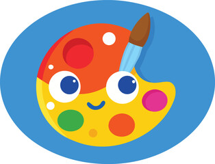 Fototapeta premium Funny cartoon paint palette with a brush, big eyes, and a smile, isolated on a blue background