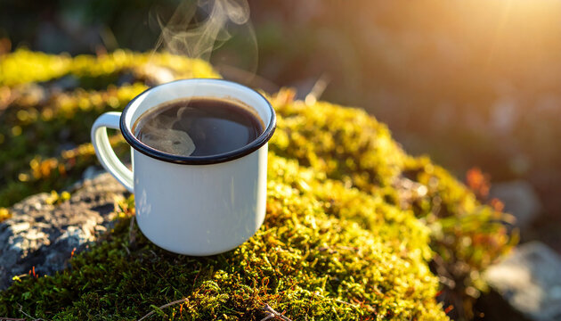 Vintage tin camping mug with steaming espresso, outdoors on mossy rock, morning sunlight