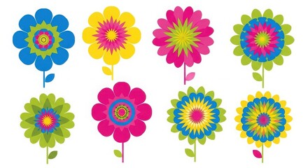 Vibrant psychedelic floral designs featuring a rainbow of colors and retro styling