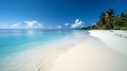 Serene tropical beach with golden sands and clear turquoise waters, surrounded by lush palm trees under a bright blue sky, ideal for relaxation and vacation imagery