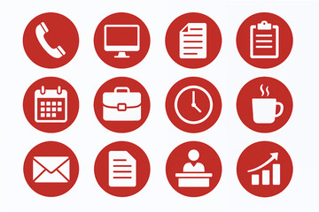 Office themed circular red icon set, office illustration collection