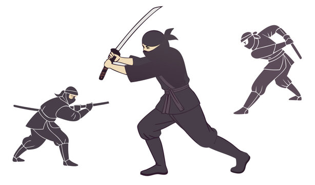 single Ninja character with sword is in fight. Shinobi with katana attacks. Samurai in mask is training with weapon. Japanese warrior, fighter defenses. Flat isolated vector illustration on white back