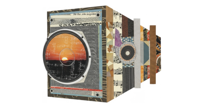 An abstract, collage-style illustration of a vintage camera with a sunset image in the lens.