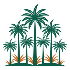 A stylized illustration of a cluster of green palm trees with brown foliage