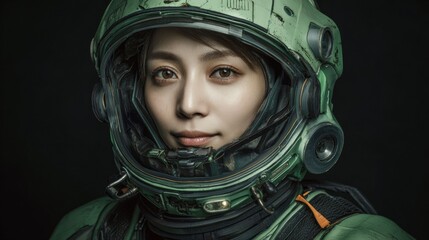 Inside a futuristic station a girl wearing a white astronaut helmet radiates confidence and curiosity about space exploration.