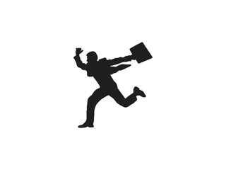 A dynamic businessman running with a briefcase and raised hand, symbolizing success and forward momentum in business.