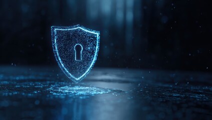 A glowing digital shield with a keyhole, symbolizing cybersecurity and protection in a dark, futuristic environment.