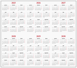 Minimalist 6-Year Calendar 2025, 2026, 2027, 2028, 2029, 2030 with Monday Start – Clean Grid Layout for Long-Term Planning, Scheduling, and Annual Overview