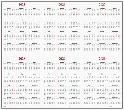 Minimalist 6-Year Calendar 2025, 2026, 2027, 2028, 2029, 2030 with Monday Start – Clean Grid Layout for Long-Term Planning, Scheduling, and Annual Overview