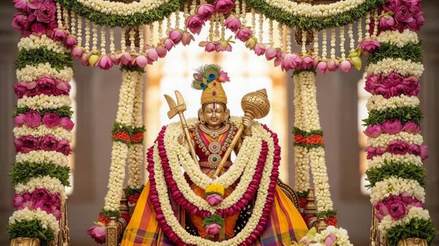 Balarama Jayanti Celebration Ornate Idol Decorated with Flowers and Garlands in Temple Setting