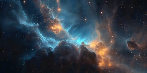Fototapeta premium A stunning cosmic scene featuring vibrant nebulae with hues of blue, orange, and black, set against a backdrop of countless stars in the universe.