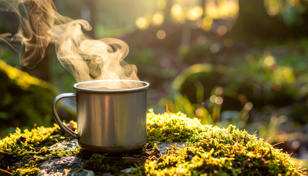 Vintage tin camping mug with steaming espresso, outdoors on mossy rock, morning sunlight