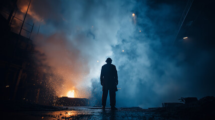 A powerful, cinematic full HD shot of a foundry worker standing near a furnace, their body language conveying a deep focus as they watch the molten metal flow, with sparks flying and steam rising arou