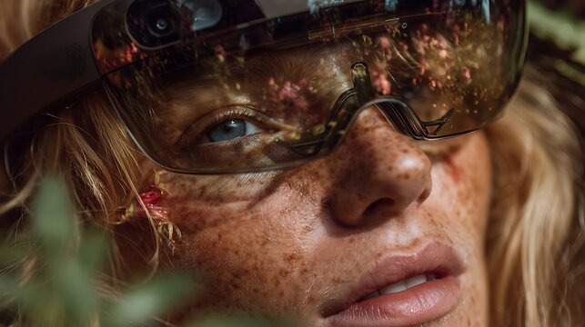 Close - up of Woman Wearing Augmented Reality Glasses with Natural Background for Copy Space, Isolated and Minimalist Design