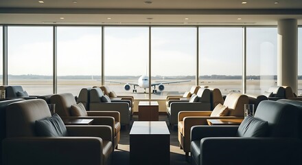 Luxury airport lounge with airplane view, perfect for travel and business relaxation