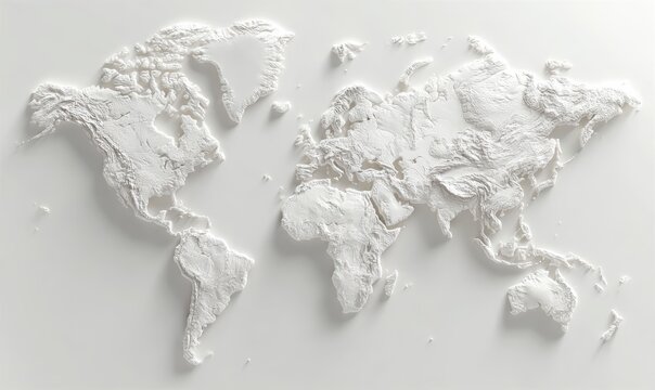 A textured white map of the world, highlighting geographical features and contours with a minimalist design.