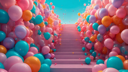 Kawaii 3D render of a musical note made of pastel balloons floating on a clean background, cute and playful.