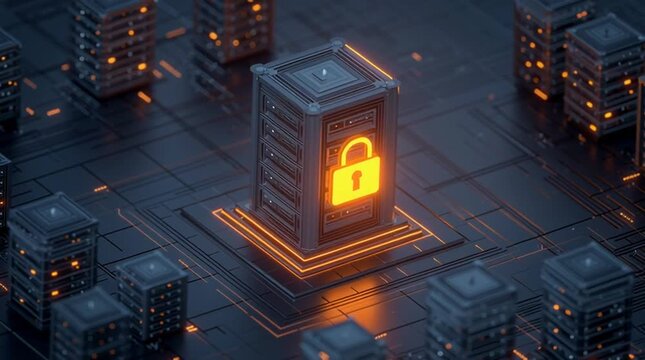 Isometric 3D illustration depicting a secure data center with glowing padlock symbol emphasizing cybersecurity measures and data protection