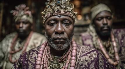 A ritual moment during the Igogo Festival in Owo, Nigeria. The king seated in splendor with nobles standing nearby, all in feminine dress and bead adornments. 