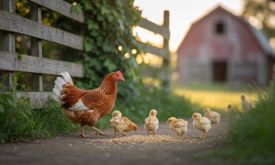 Fototapeta premium Hen and chicks foraging near a rustic fence and barn
