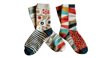 Pair of mismatched socks with fun geometric patterns background isolated on a Transparent background, PNG file.