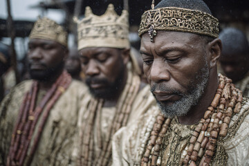 Obraz premium A moment of prayer at the Igogo Festival in Owo. The king and nobles bowing their heads, adorned in beads and flowing gowns, surrounded by attendants. 