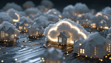 Miniature houses illuminated beneath a glowing cloud