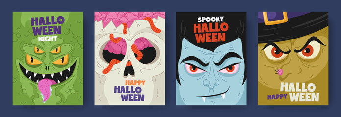 Cartoon colorful cards or posters set of Halloween with faces of monster characters. Hand drawn heads of vampire, witch, skull, monster. Holiday design for print, invitation, flyer, banner © Anastasiya Stoma