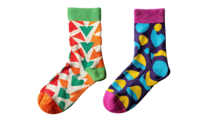 Pair of mismatched socks with fun geometric patterns background isolated on a Transparent background, PNG file.
