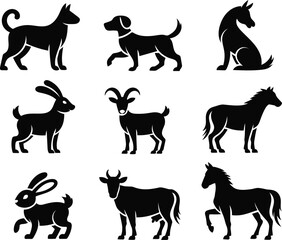 Collection of Nine Simple Black Silhouette Farm Animals: Dogs, Horse, Goat, Cow, Rabbit.