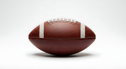Close-up of a brown American football on a plain white background.