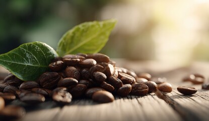 Fototapeta premium Roasted coffee beans on wooden surface with green leaves