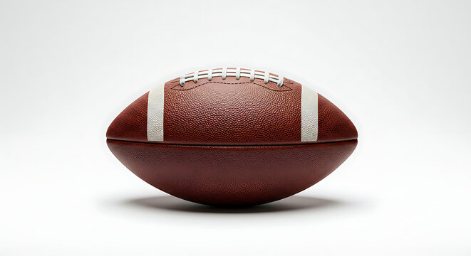 Close-up of a brown American football on a plain white background.