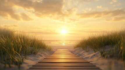 Tranquil pathway to a serene beach sunset amidst golden sand dunes