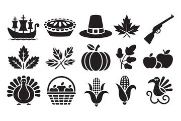 Fototapeta premium Thanksgiving Icons Pilgrim Ship, Pie, Hat, Leaves, Pumpkin, Turkey, Corn, Apples