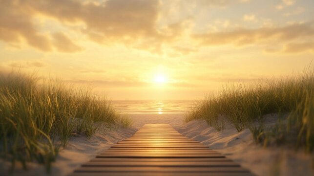 Tranquil pathway to a serene beach sunset amidst golden sand dunes
