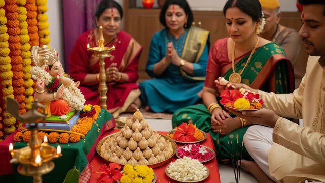 Ganesh Chaturthi Celebration Family Performing Puja Rituals at Home with Modaks and Flowers