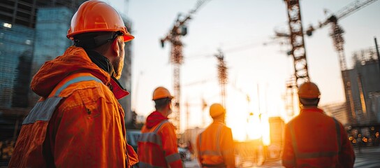 Construction workers watching sunset at a building site with cranes, wearing orange safety gear