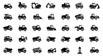 Collection of various construction vehicles and equipment icons in black silhouette © Kuntol02