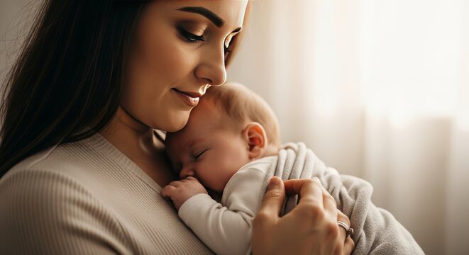A tender moment between a mother and her newborn child, filled with love and peace. - Powered by Adobe