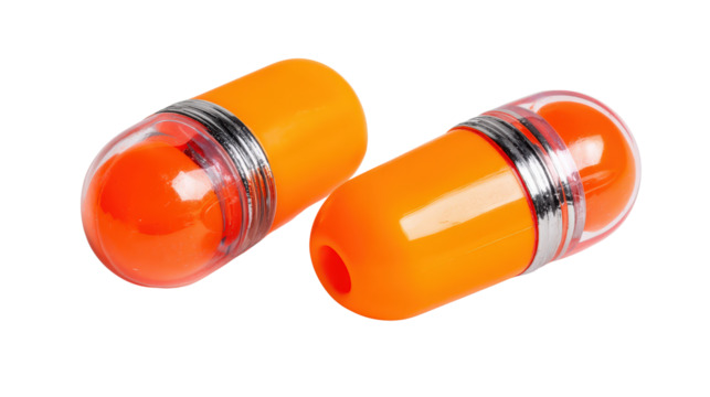 Pair of neon orange earplugs with high visibility background isolated on a Transparent background, PNG file.