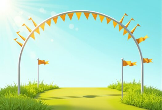 Mini-golf prize arch frame adorned with blank flags for customization