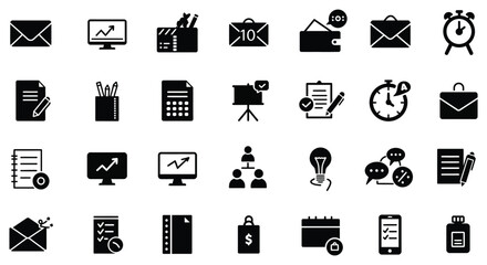 Collection of various business and office related icons and symbols silhouette