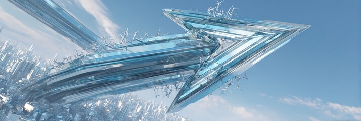 Abstract crystalline arrow soaring through a cityscape, against a clear blue sky