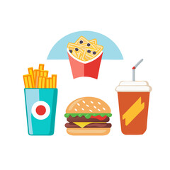 Fast food meal with burger, fries, and soda, ideal for menu design or restaurant promotion