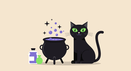 This Flat Design illustration features a playful black cat with bright green eyes, sitting contentedly beside a bubbling cauldron filled with vibrant liquids and floating stars. 