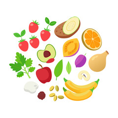 Isometric fruits and vegetables for healthy eating and lifestyle concept, including apple, avocado, banana, and more